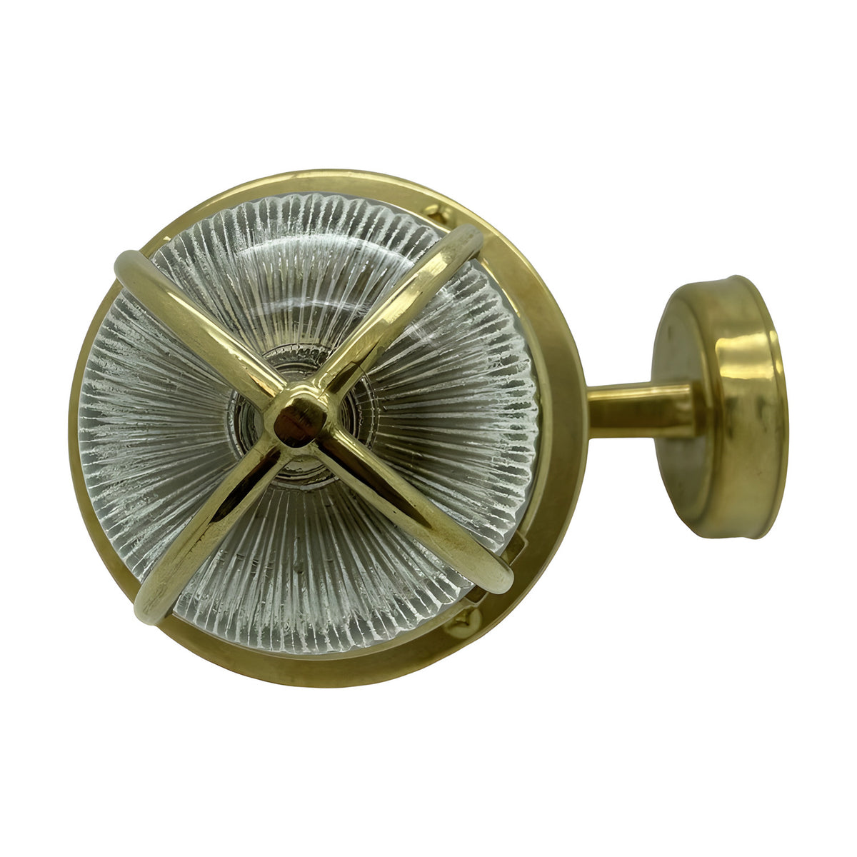 Tiller IP64 outdoor wall lantern in raw brass, with ribbed glass shade behind crossed brass guard bars on a round wall plate, shown front-on against a white background.