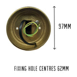 Rear view of the Tiller outdoor wall lantern's raw brass mounting plate, showing green/yellow earth and live wires and fixing holes 62mm apart, overall height 97mm.