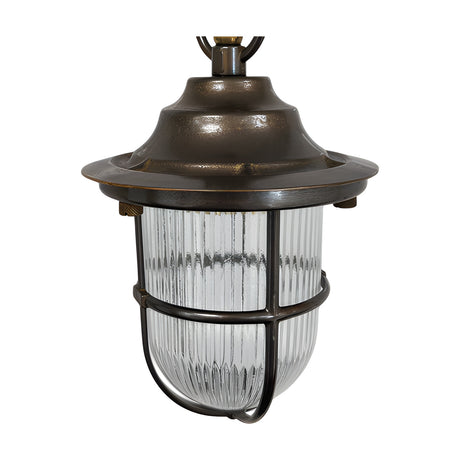 Hull Guard Outdoor Pendant Light in antique brass, a caged lantern with flared hood and ribbed glass shade on a chain, IP54 rated, shown on a white background.