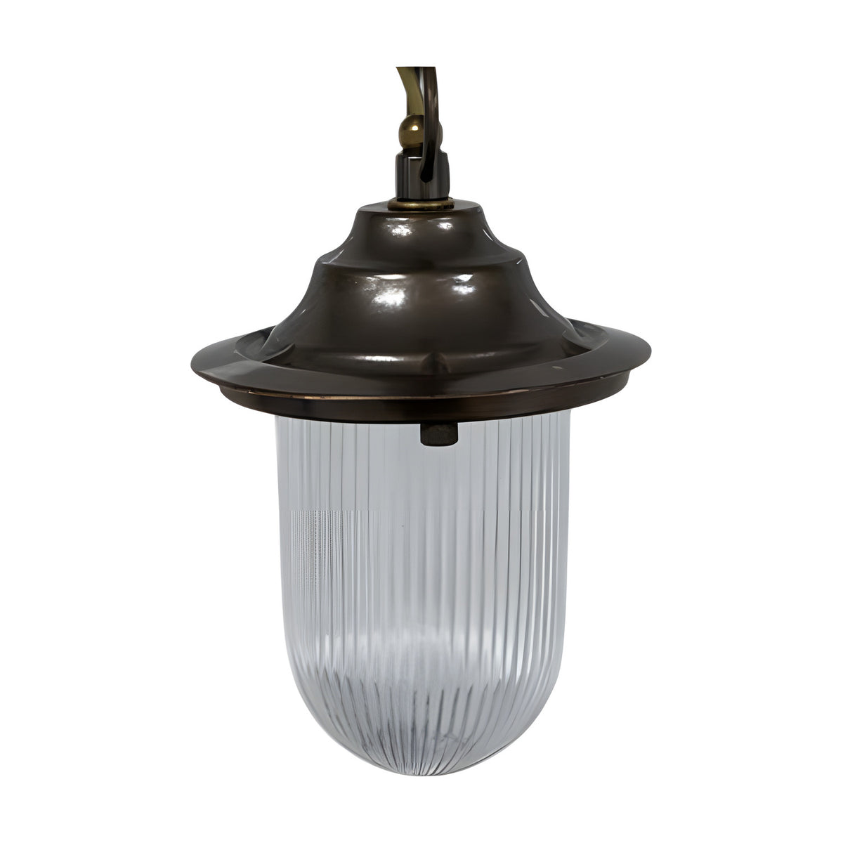 Hull Outdoor Pendant Light IP54 in antique brass, with a flared hood over a clear ribbed glass shade, hung from a chain, shown on a white background.
