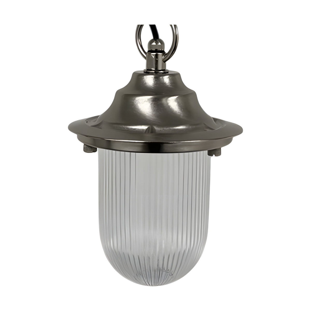 Hull Outdoor Pendant Light in satin nickel, with a wide brass hood over a ribbed clear glass shade, hung from a chain, shown on a plain white background.