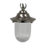 Hull Outdoor Pendant Light in satin nickel, with a wide brass hood over a ribbed clear glass shade, hung from a chain, shown on a plain white background.
