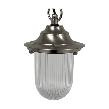 Hull Outdoor Pendant Light in satin nickel, with a wide brass hood over a ribbed clear glass shade, hung from a chain, shown on a plain white background.
