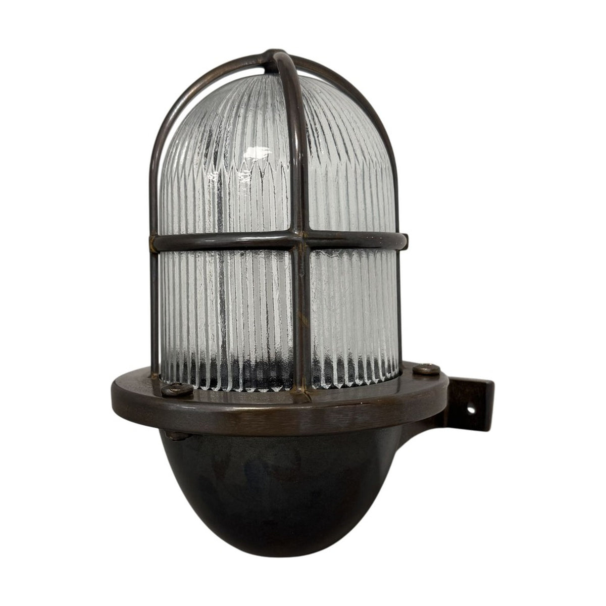 Armada Uplight Outdoor Wall Lantern in antique brass, with a ribbed glass dome and brass cage guard on a short wall bracket, IP64 rated, shown on a plain white background.