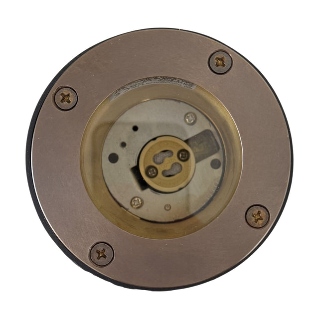 Bertha Recessed Ground Light IP67 in antique brass, round top plate with four screws framing a clear lens over a GU10 lamp holder, shown on a plain white background.