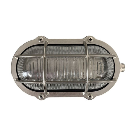 Merchant Oval Bulkhead Light in satin nickel, a solid brass IP64 outdoor wall light with ribbed glass and a protective cage, shown on a plain white background.