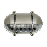 Palaemon oval eyelid bulkhead light in satin nickel brass with curved hood, ribbed glass, guard bars and four screwed corner lugs, shown on a plain white background.
