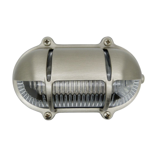 Palaemon oval eyelid bulkhead light in satin nickel brass with curved hood, ribbed glass, guard bars and four screwed corner lugs, shown on a plain white background.