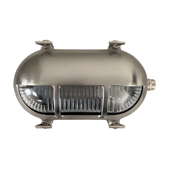 Palaemon Eyelid Bulkhead Light IP64 in satin nickel, oval brass body with hooded top, ribbed glass front crossed by protective bars and corner mounting lugs, shown on a plain white background.
