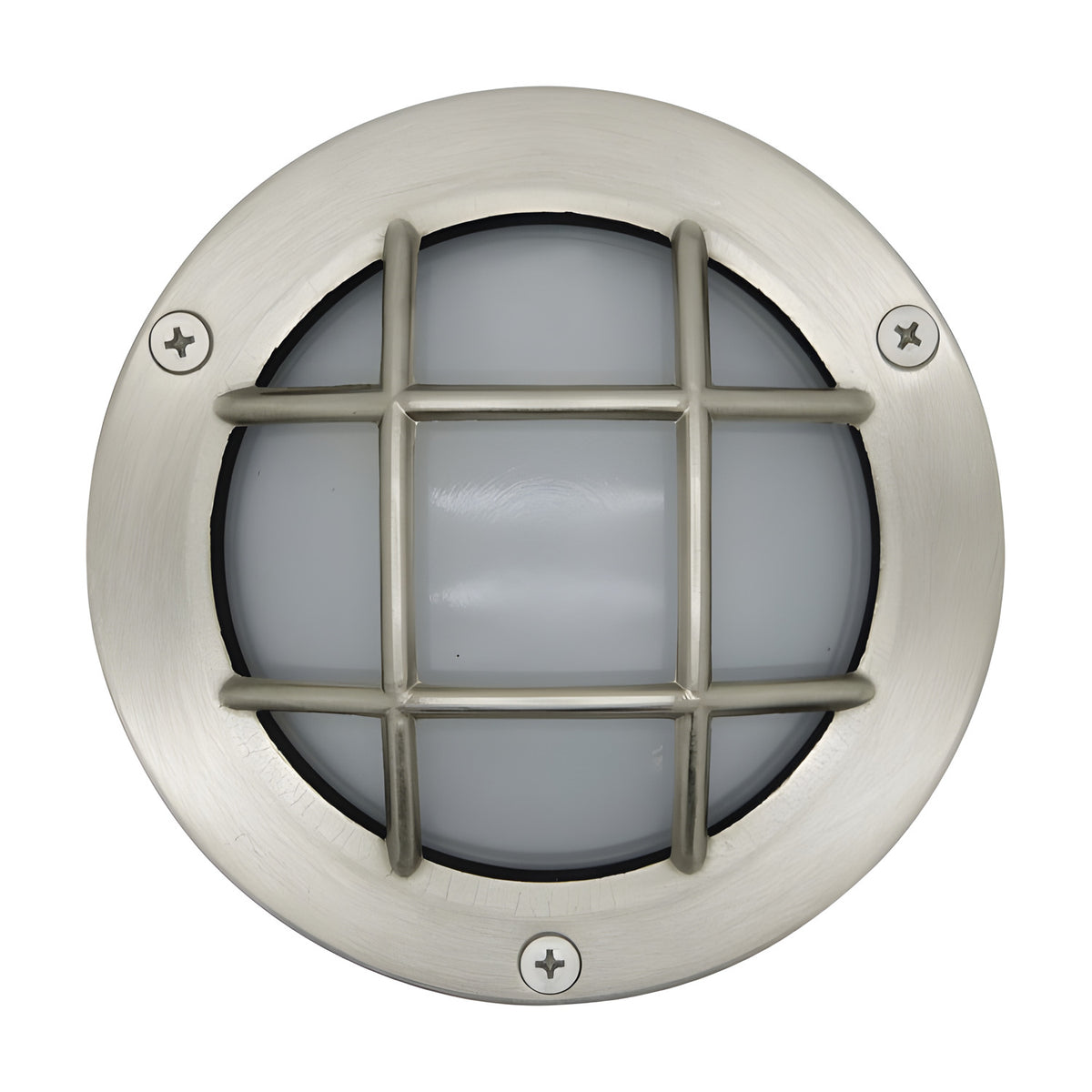 Marina Guard Circular Bulkhead Light in satin nickel, a round brass outdoor wall light with frosted glass and a protective grid guard, shown against a plain white background.