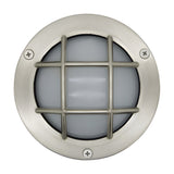 Marina Guard Circular Bulkhead Light in satin nickel, a round brass outdoor wall light with frosted glass and a protective grid guard, shown against a plain white background.