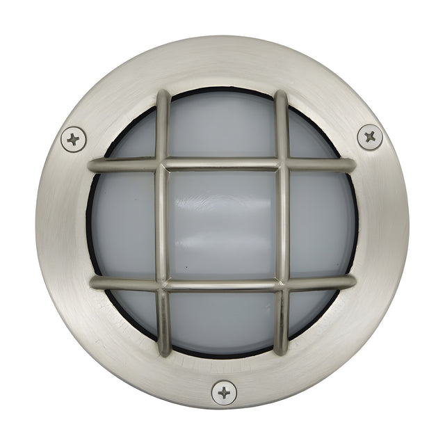 Marina Guard Circular Bulkhead Light in satin nickel, a round brass outdoor wall light with frosted glass and a protective grid guard, shown against a plain white background.