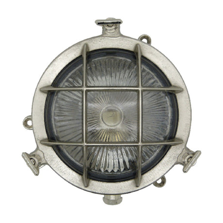 Mini Compass round bulkhead light in satin nickel with brass body, cross wire guard, ribbed glass lens and thumb screws, shown on a plain white background.
