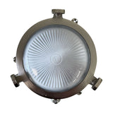 Mini Compass round bulkhead light in satin nickel brass with frosted ribbed glass face and protruding rim lugs, IP44 rated, shown on a plain white background.