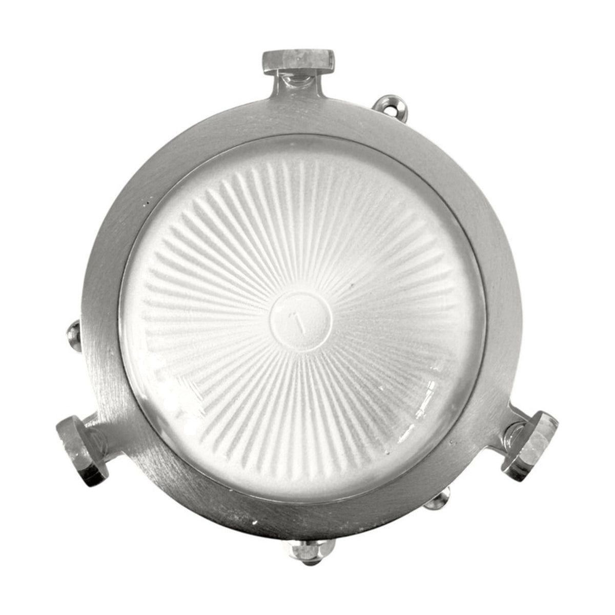 Mini Compass round bulkhead light in satin nickel brass, with frosted ribbed glass face, rim lugs, and screw fittings, shown on a plain white background.