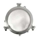 Mini Compass round bulkhead light in satin nickel brass, with frosted ribbed glass face, rim lugs, and screw fittings, shown on a plain white background.