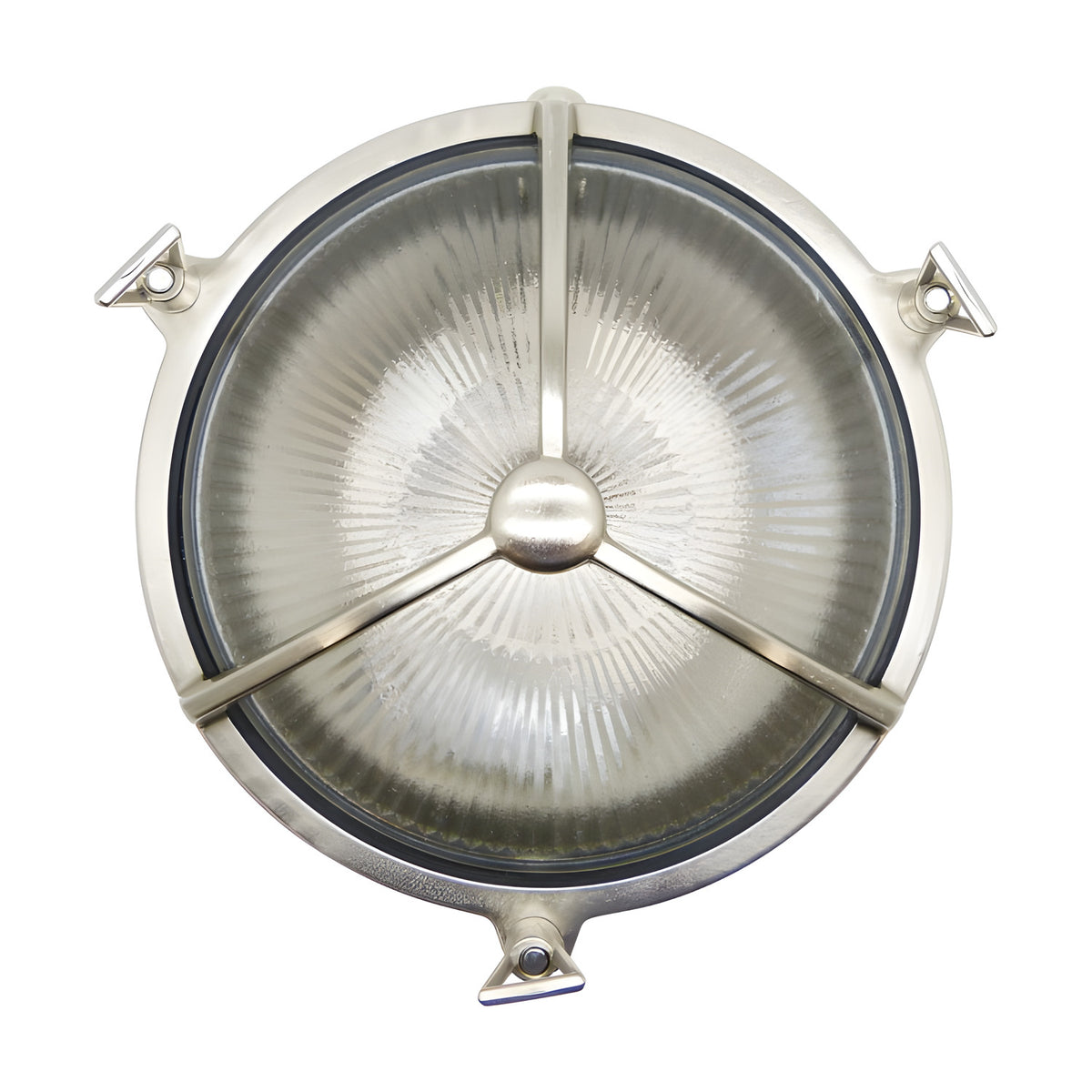 Trident Round Bulkhead Light in satin nickel, a porthole-style outdoor wall light with ribbed glass, three-arm guard and domed centre boss, shown against a plain white background.