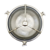 Trident Round Bulkhead Light in satin nickel, a porthole-style outdoor wall light with ribbed glass, three-arm guard and domed centre boss, shown against a plain white background.