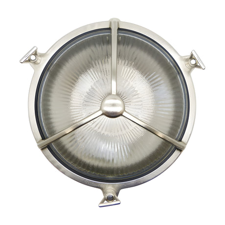 Trident Round Bulkhead Light in satin nickel, a porthole-style outdoor wall light with ribbed glass, three-arm guard and domed centre boss, shown against a plain white background.
