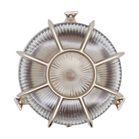 Grand Capstan round bulkhead light in satin nickel, solid brass body with ribbed glass and spoke cage, three mounting lugs, IP64 rated, shown on a plain white background.