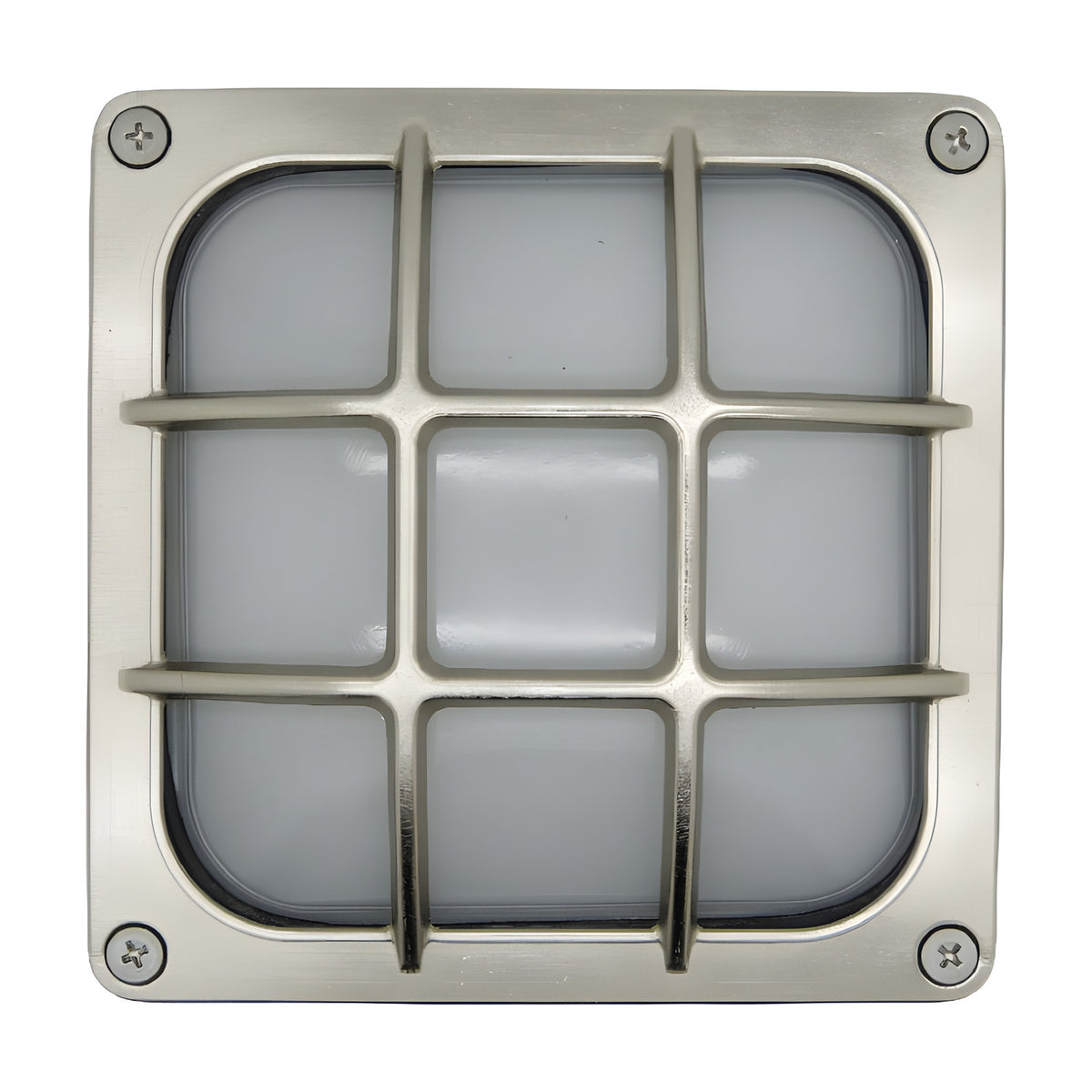 Francis Outdoor Wall Light in satin nickel, a square bulkhead with brass body, frosted glass diffuser, and crossed-bar cage guard, IP64 rated, shown on a plain white background.