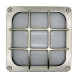 Francis Outdoor Wall Light in satin nickel, a square bulkhead with brass body, frosted glass diffuser, and crossed-bar cage guard, IP64 rated, shown on a plain white background.