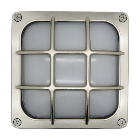 Francis Outdoor Wall Light in satin nickel, a square bulkhead with brass body, frosted glass diffuser, and crossed-bar cage guard, IP64 rated, shown on a plain white background.