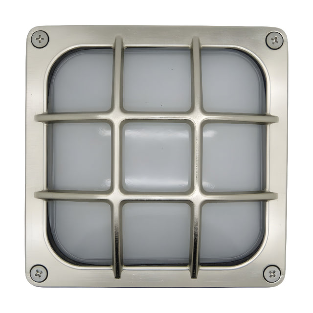 Francis Outdoor Wall Light in satin nickel, a square bulkhead with brass body, frosted glass diffuser, and crossed-bar cage guard, IP64 rated, shown on a plain white background.