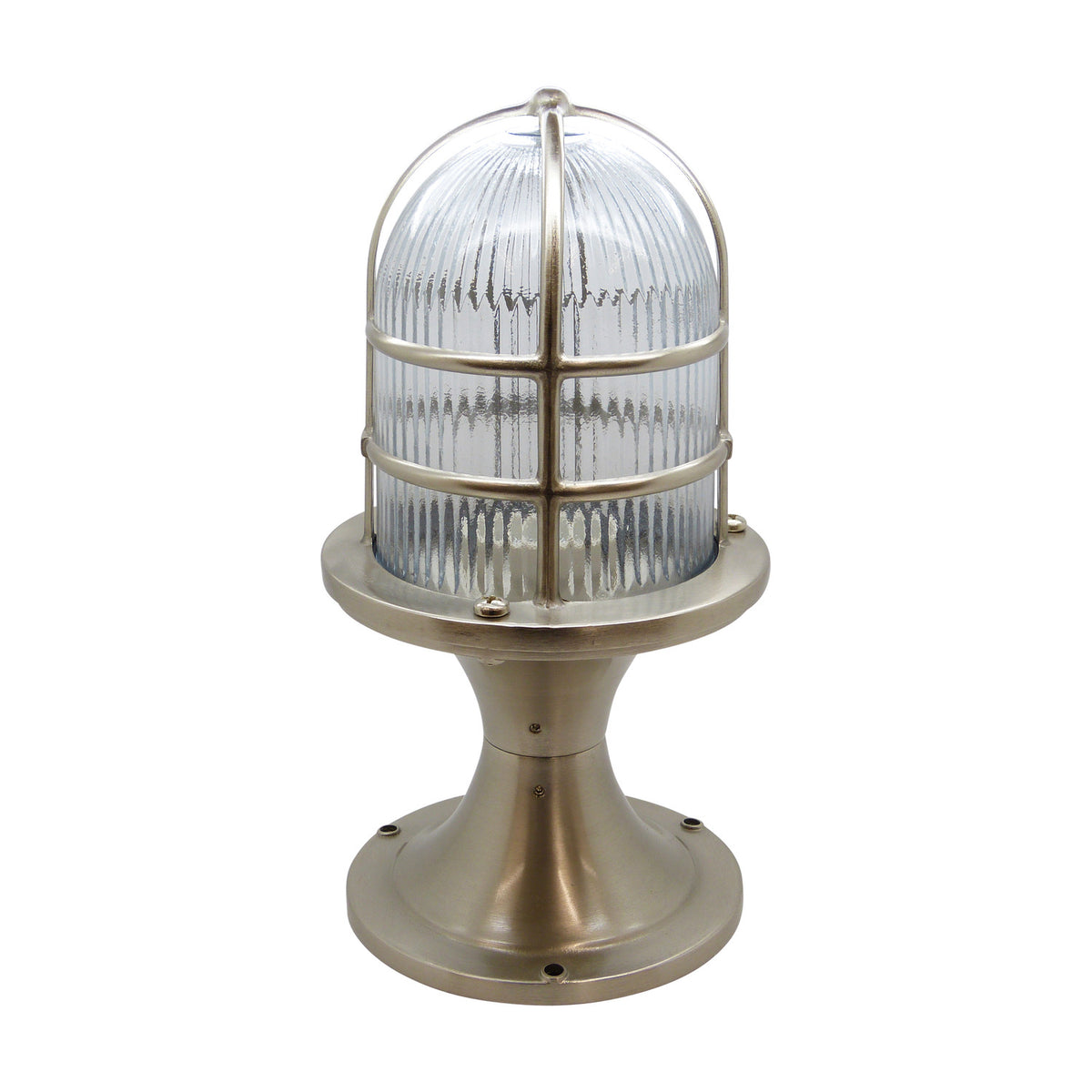 Wellington Grand IP54 outdoor post light with a domed ribbed glass shade caged in satin nickel brass, set on a waisted pedestal with round base, shown on a white background.