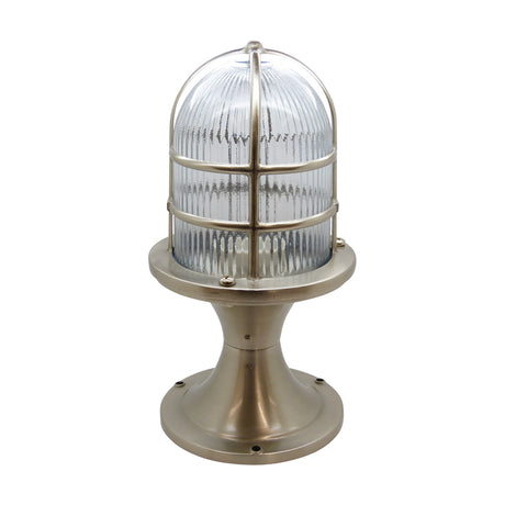 Wellington Grand IP54 outdoor post light with a domed ribbed glass shade caged in satin nickel brass, set on a waisted pedestal with round base, shown on a white background.