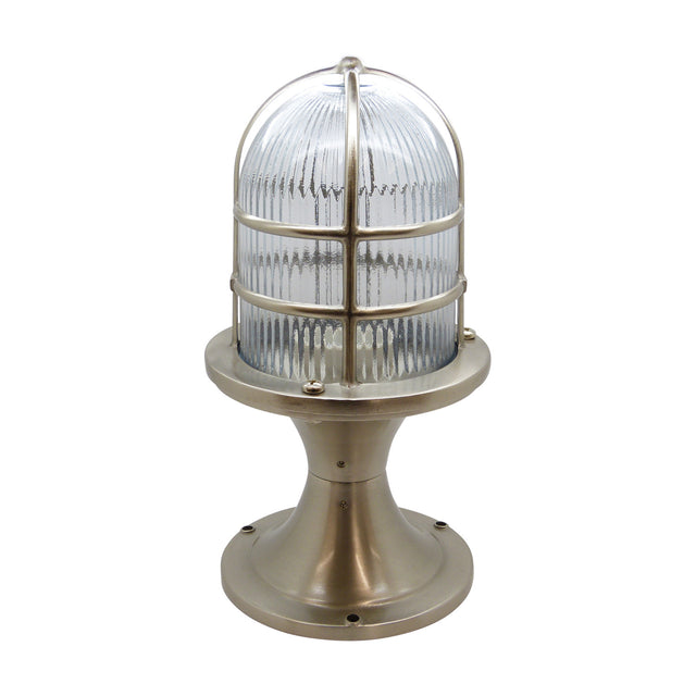 Wellington Grand IP54 outdoor post light with a domed ribbed glass shade caged in satin nickel brass, set on a waisted pedestal with round base, shown on a white background.