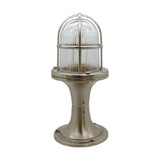 Wellington Outdoor Post Light in satin nickel, with a caged dome of clear ribbed glass atop a waisted pedestal and round base, IP54 rated, shown on a plain white background.