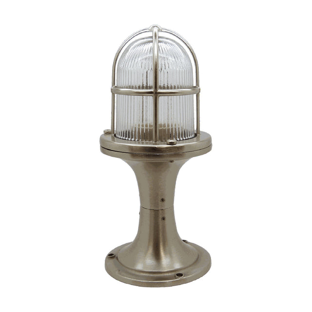 Wellington Outdoor Post Light in satin nickel, with a caged dome of clear ribbed glass atop a waisted pedestal and round base, IP54 rated, shown on a plain white background.