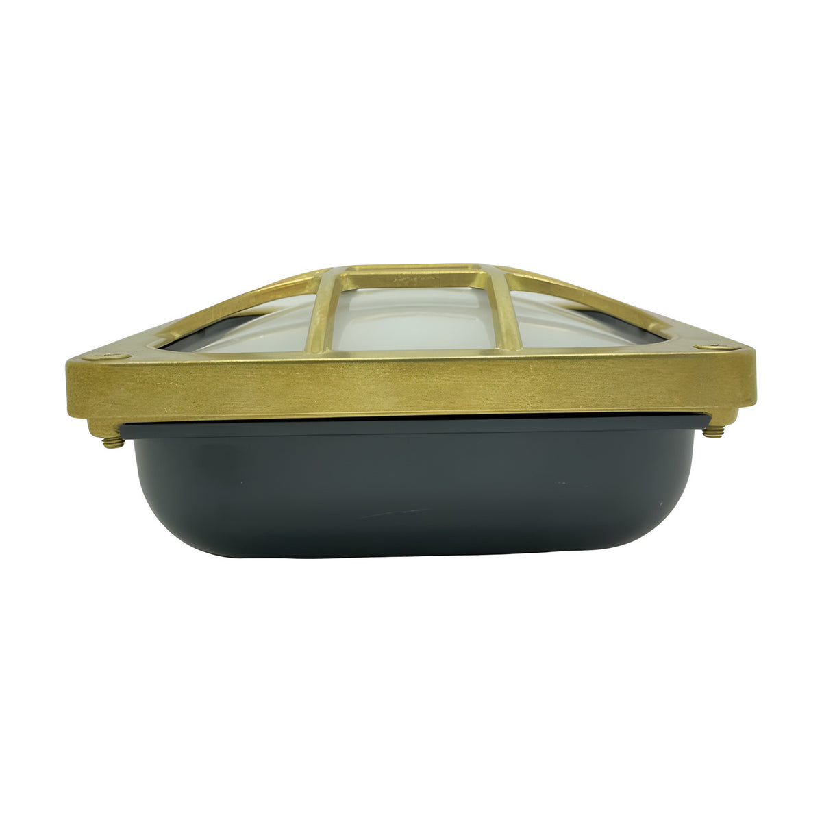 Francis Outdoor Wall Light IP64 in raw brass, square bulkhead design with nine-pane brass cage, frosted glass diffuser and corner screws, shown side-on against a white background.