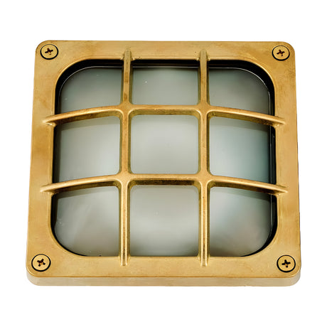 Francis Outdoor Wall Light IP64 in raw brass, a square bulkhead fixture with a nine-pane brass cage over frosted glass, corner screws, shown on a plain white background.