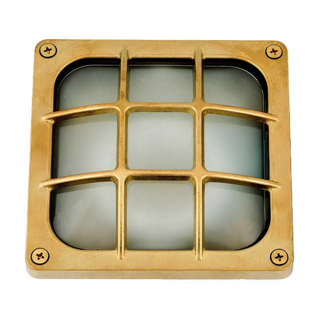 Francis Outdoor Wall Light IP64 in raw brass, a square bulkhead fixture with a nine-pane brass cage over frosted glass, corner screws, shown on a plain white background.