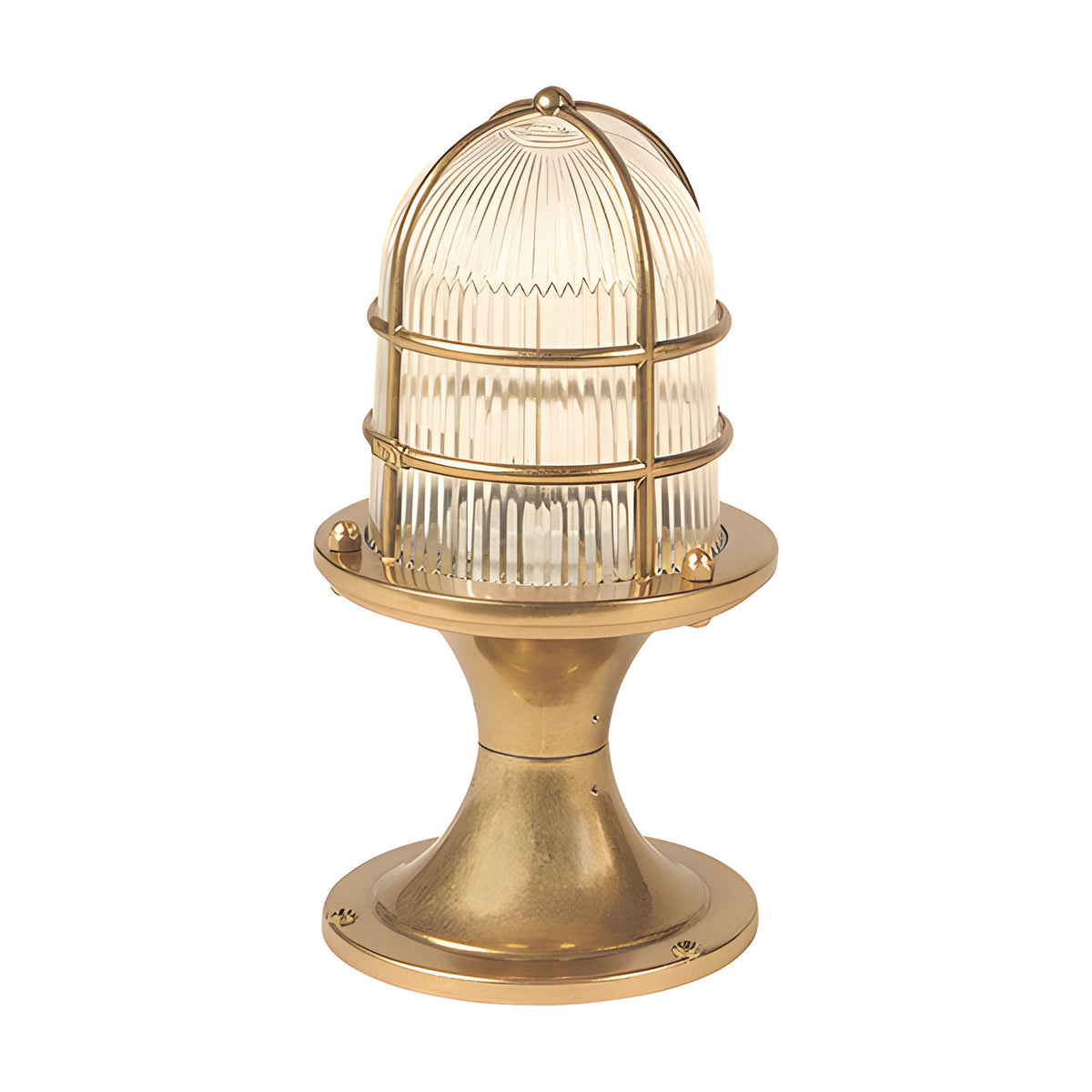 Wellington Grand IP54 outdoor post light in raw brass, with a brass cage over a ribbed glass dome on a flared pedestal base, shown on a plain white background.