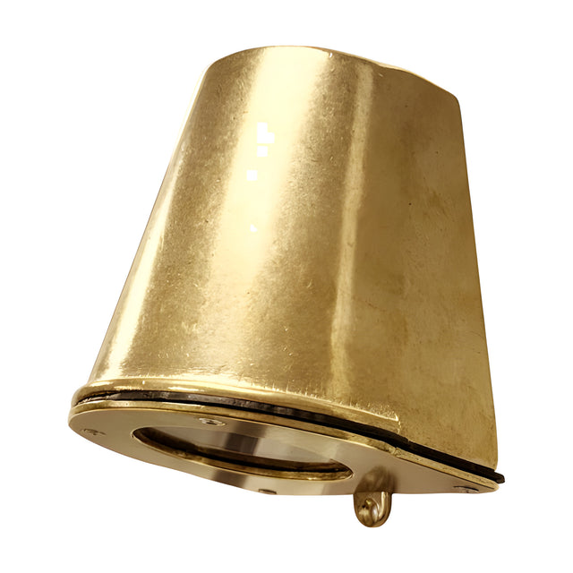 Mast Outdoor Wall Light in raw brass, a compact tapered cone downlight with angled top and flat flanged base, IP65 rated, shown on a plain white background.