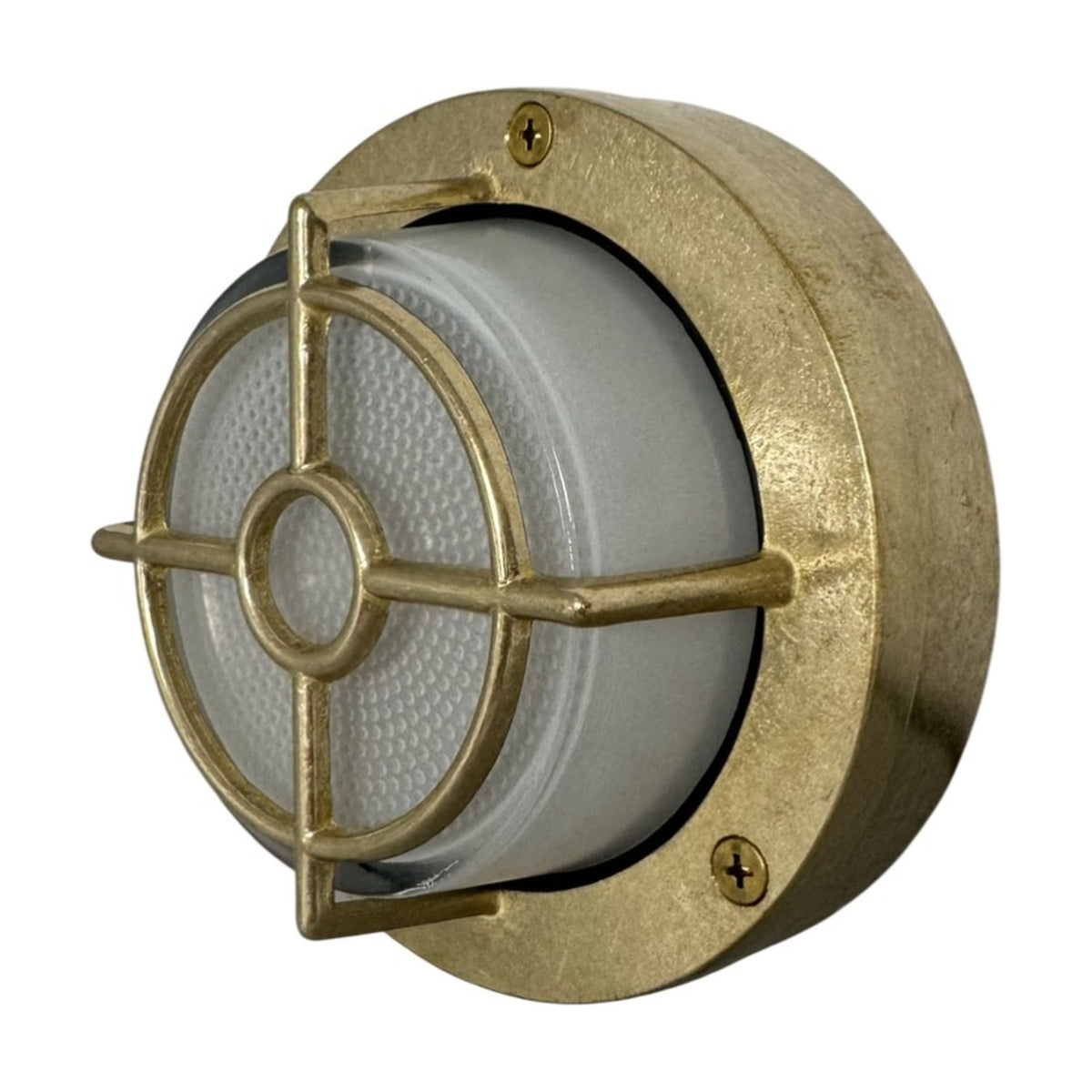 Walkway Guard round outdoor wall light in raw brass, with frosted glass lens, cross-bar brass guard, and screw-fixed flange, shown on a white background.