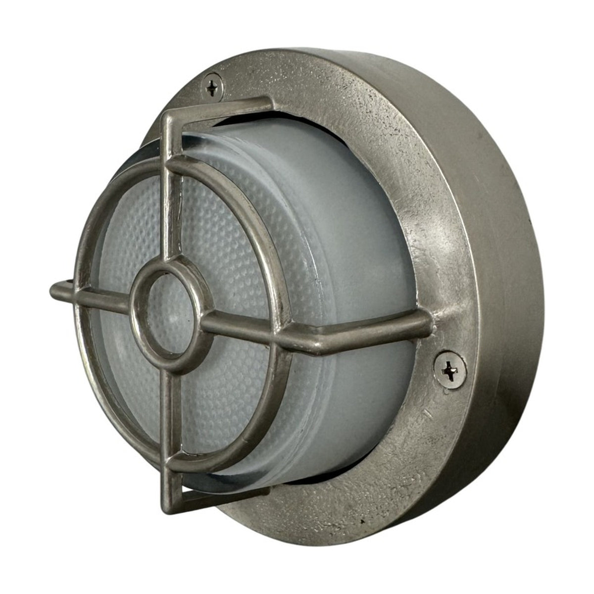 Walkway Guard IP65 outdoor wall light in satin nickel, round brass body with frosted glass diffuser behind a cross-and-ring guard, shown on a plain white background.