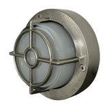 Walkway Guard IP65 outdoor wall light in satin nickel, round brass body with frosted glass diffuser behind a cross-and-ring guard, shown on a plain white background.