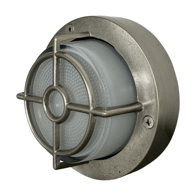 Walkway Guard IP65 outdoor wall light in satin nickel, round brass body with frosted glass diffuser behind a cross-and-ring guard, shown on a plain white background.