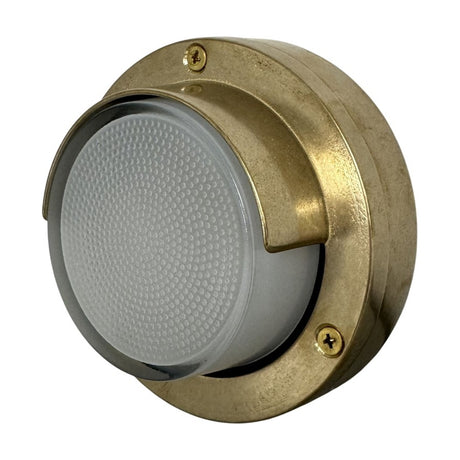 Walkway Eyelid Outdoor Wall Light in raw brass, round design with curved eyelid shade over a dimpled frosted glass diffuser, IP65 rated, shown on a white background.