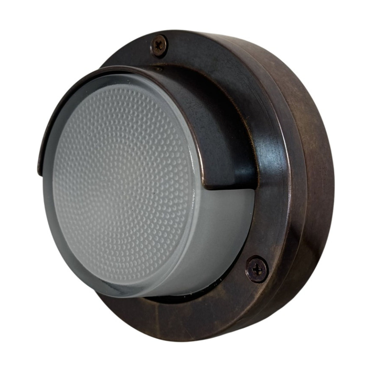 Walkway Eyelid Outdoor Wall Light in antique brass with round solid brass body, curved eyelid hood, and frosted glass lens, IP65 rated, shown on a white background.