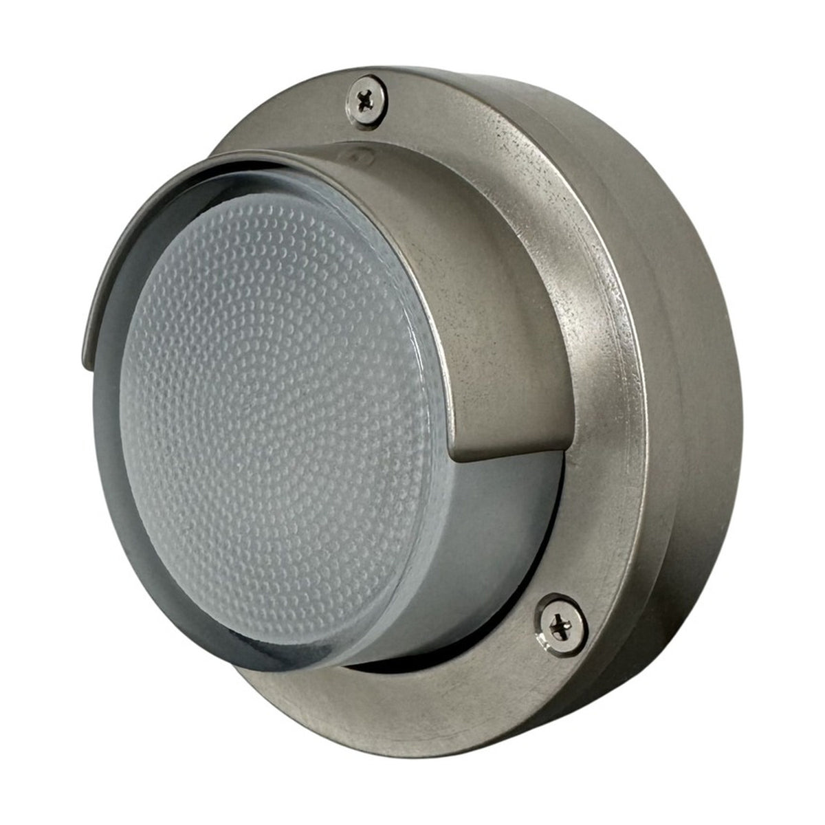 Walkway Eyelid outdoor wall light in satin nickel brass, round design with curved eyelid hood over frosted glass diffuser, IP65 rated, shown on a plain white background.