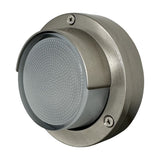 Walkway Eyelid outdoor wall light in satin nickel brass, round design with curved eyelid hood over frosted glass diffuser, IP65 rated, shown on a plain white background.