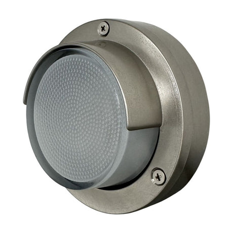 Walkway Eyelid outdoor wall light in satin nickel brass, round design with curved eyelid hood over frosted glass diffuser, IP65 rated, shown on a plain white background.