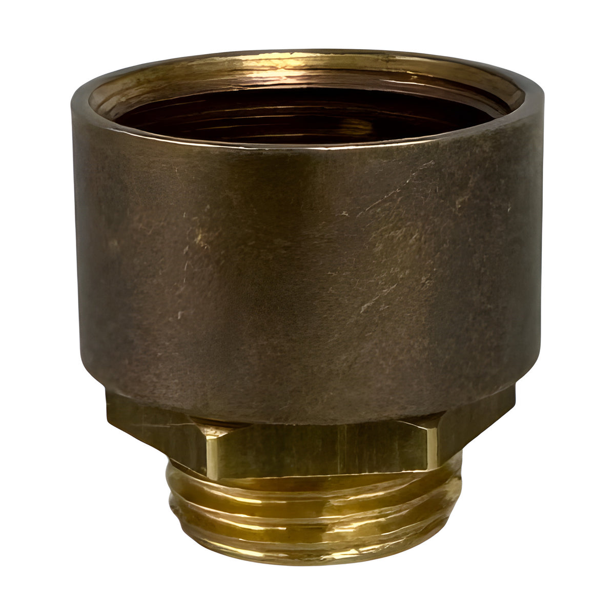 Bulkhead Light Conduit Adaptor in antique brass, with an internally threaded collar, hexagonal centre band, and externally threaded spigot, shown on a plain white background.
