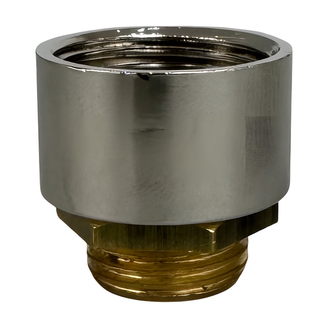 Bulkhead light conduit adaptor in satin nickel with a smooth round collar, female-threaded top, hexagonal centre, and brass male-threaded spigot, shown on a plain white background.