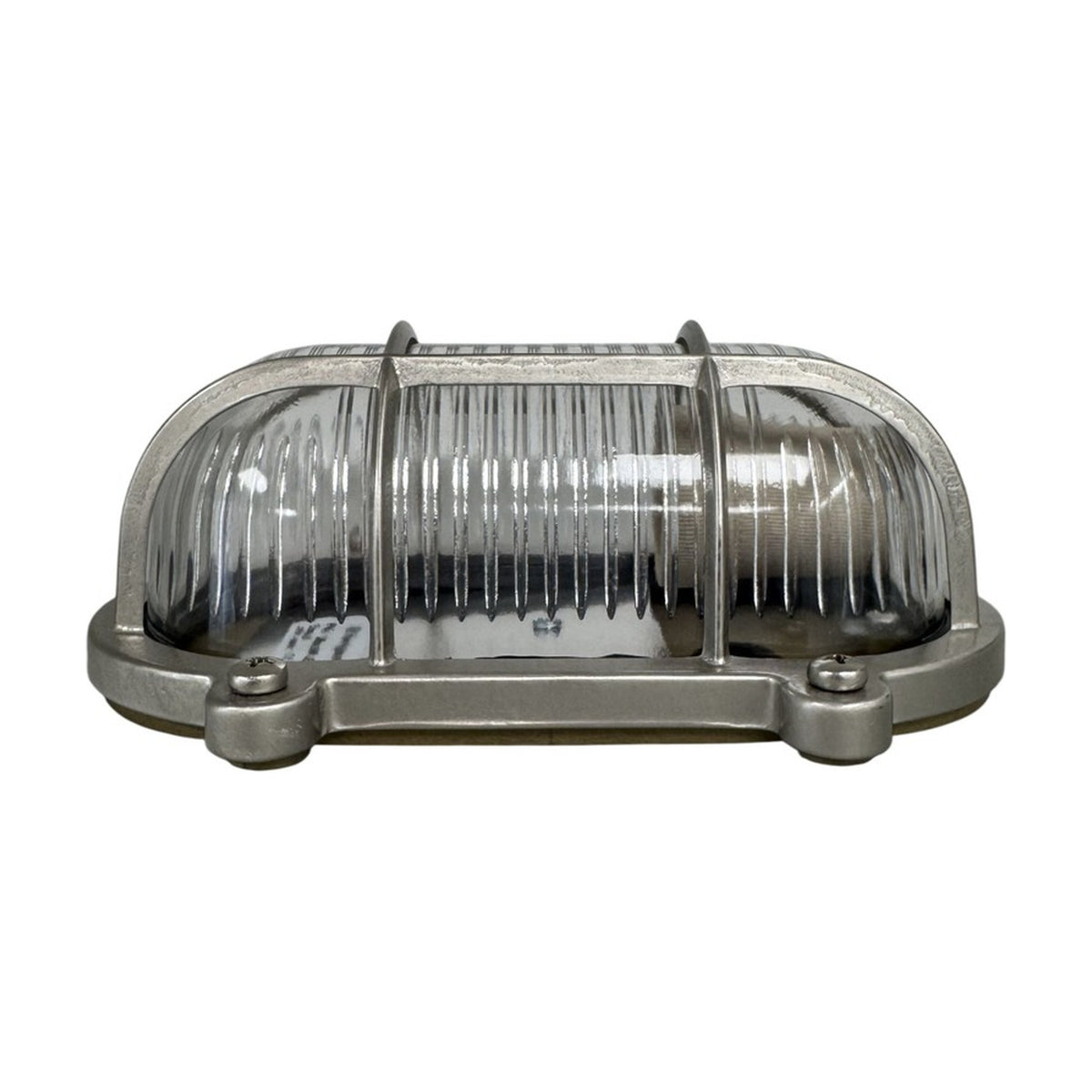 Merchant Flush Oval Bulkhead Light in satin nickel, showing a ribbed glass oval shade with a barred metal cage and brass mounting base, on a plain white background.